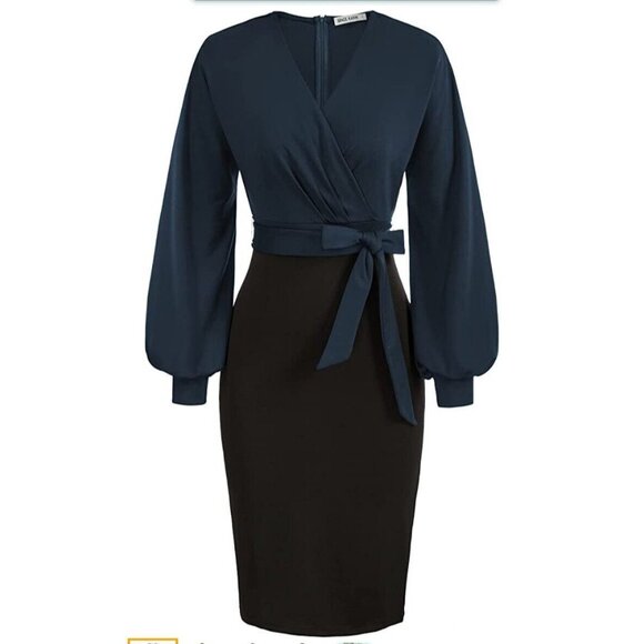 Grace Karin Dresses & Skirts - Grace Karin Womens 3XL Dress Long Sleeve Midi Length Faux Wrap Black Navy NWT